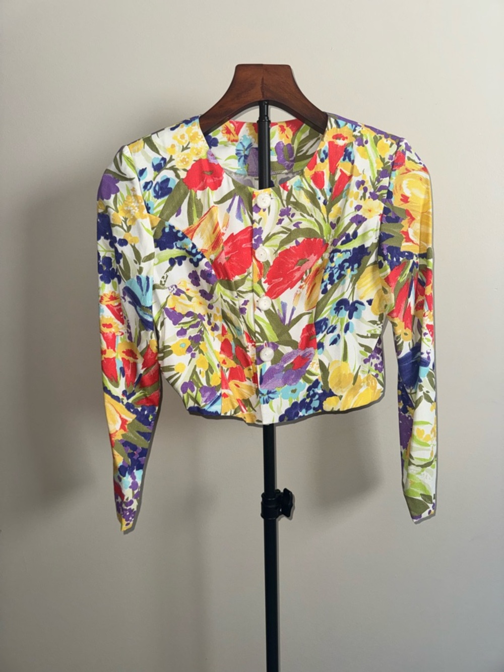 Vintage Floral Cropped Blouse XS Colorful Button Front Cottagecore Top